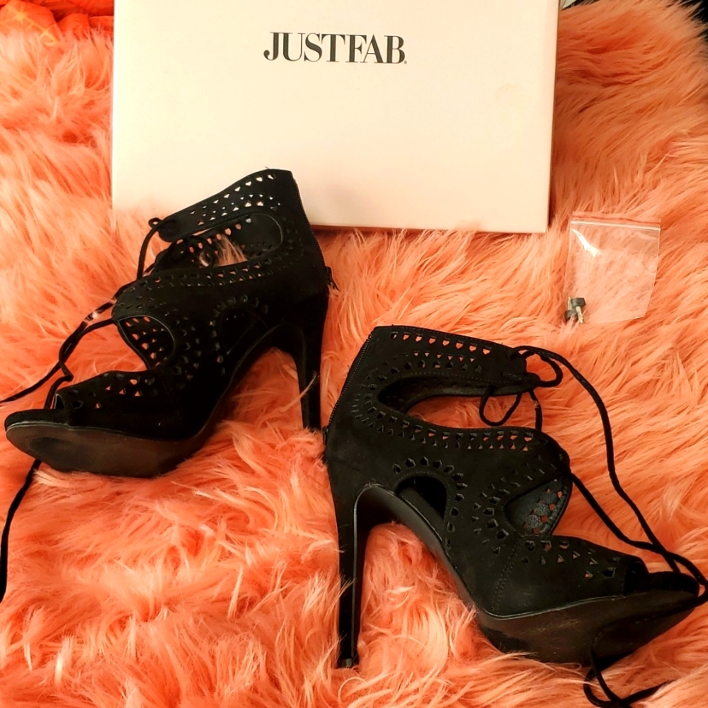 JustFab Gisane Black Faux Suede Cutout Lace-Up Dress Sandals